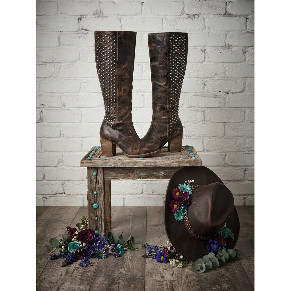 Corral Brwn Distressed Leather Tall Studded Western Cowboy Boots Block Heel 37/6